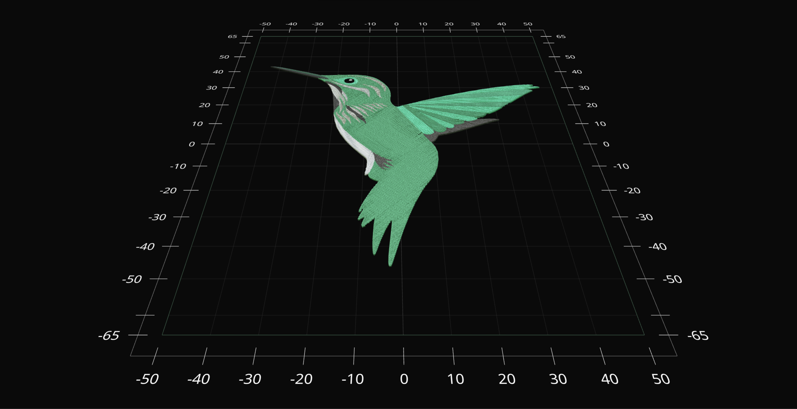 3D embroidery visualization of a hummingbird in Quillstitch